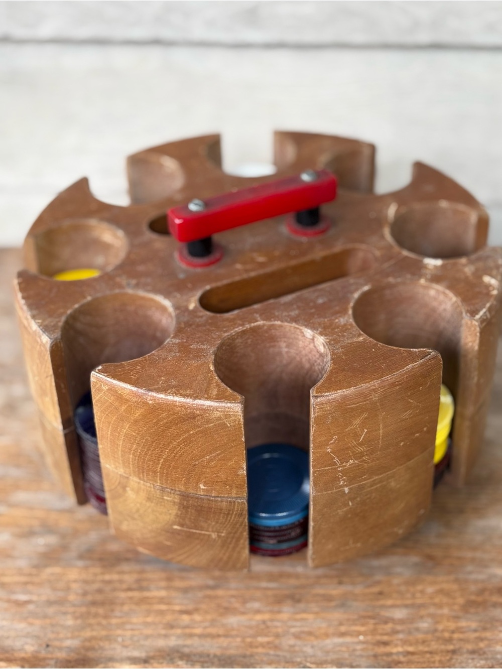 VTG lazy Susan design wooden poker chip carousel from the 1950s or 1960s.